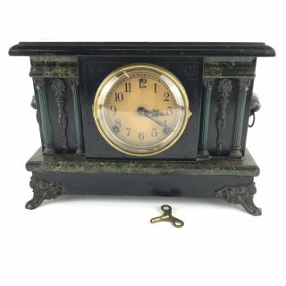 Antique Sessions Mantle Clock 8 Day Lion Head Handles Cathedral Gong