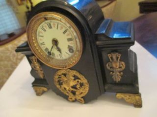 Antique Ansonia cast iron mechanical gold plate black chime mantle clock VALUE 2