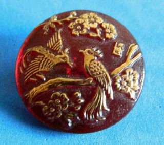 Vintage Red Glass Button W Two Birds & Flowers Gold Flashing Raised Relief