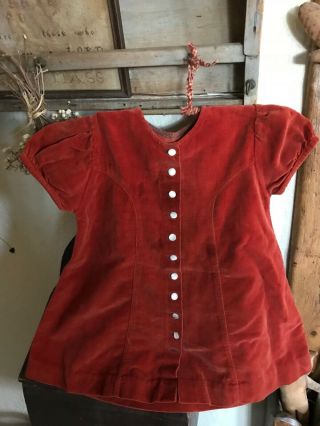 Antique Small Child’s Muted Red Velvet Dress W Twig Hanger