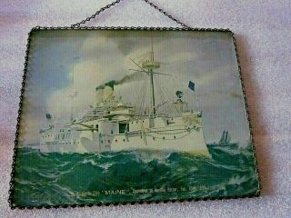 Antique Remember The Maine Reverse Glass Painting Signed Chain Frame