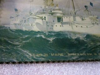 Antique REMEMBER THE MAINE Reverse Glass Painting Signed Chain Frame 3