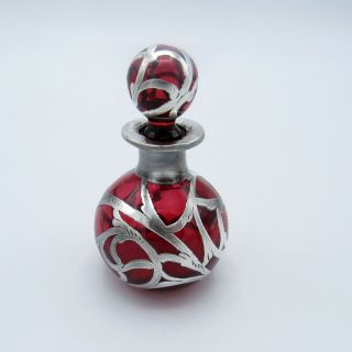 Antique Art Nouveau Heavy Sterling Overlay Cranberry Glass Perfume Bottle,  Nr