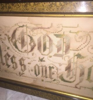 Stunning Antique God Bless Our Home Needlepoint Tapestry In Victorian Frame