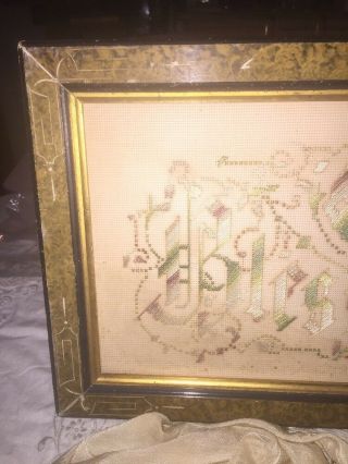 Stunning Antique God Bless Our Home Needlepoint Tapestry In Victorian Frame 3