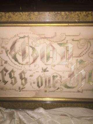 Stunning Antique God Bless Our Home Needlepoint Tapestry In Victorian Frame 4