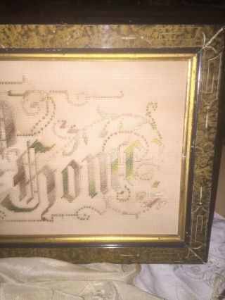 Stunning Antique God Bless Our Home Needlepoint Tapestry In Victorian Frame 5