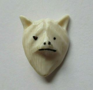 Rare Antique Vtg Hand Carved Alaskan Eskimo Button Wolf Dog Head W/ Bk Mk