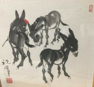 Signed Chinese Ink Wash Painting“three Donkeys” - Artist Signed And Seal 2