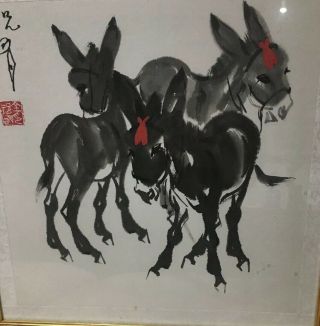 Signed Chinese Ink Wash Painting“three Donkeys” - Artist Signed And Seal 3