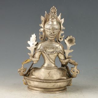 Chinese Antique Tibet Silver Gilt Carved Figure Of Buddha Statue 3