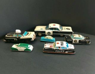 6 Vintage Litho Tin Toy Cars - Police Dept.  / Highway Patrol Cars 2
