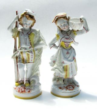 Antique Pair 7 " Meissen Germany Porcelain Figurines Man And Woman With Basket