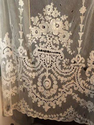 Antique Vintage Tambour Net Lace Panel Drapery Curtain Vase W Flowers