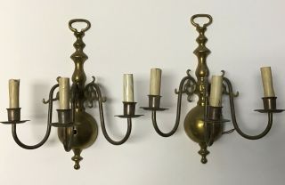 Antique Pair Mid Century Brass Electric Wall Sconces 3 Socket