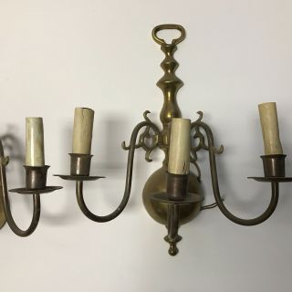 Antique pair mid century brass electric wall sconces 3 socket 2