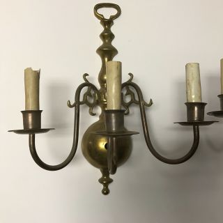 Antique pair mid century brass electric wall sconces 3 socket 3