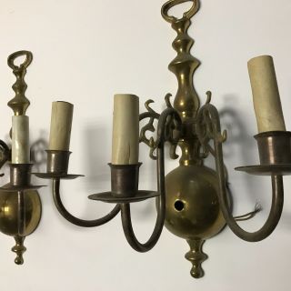 Antique pair mid century brass electric wall sconces 3 socket 5