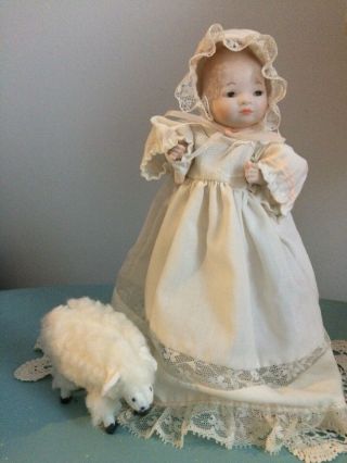 Sweet Antique German Porcelain Bisque Baby “little Bo Peep” And Her Pet Sheep.