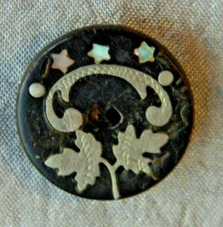 Antique Vintage Whistle Button With Mother Of Pearl Stars & Silver Inlay 035 - A