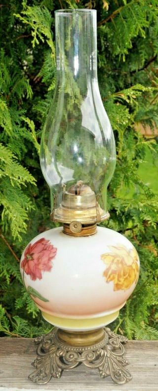 Antique 1870 - 90s Hand Painted Milk Glass Oil Lamp Ornate Cast Iron Base