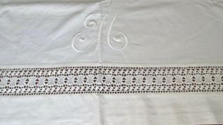 Antique Linen/cotton Sheet Full/queen Monogram M,  2.  5 " Lace Inset,  95x89 ",  V Gd.