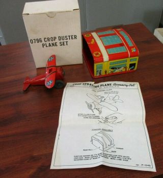 Vintage Marx Tin Litho Crop Duster Plane & Hanger Set And Box