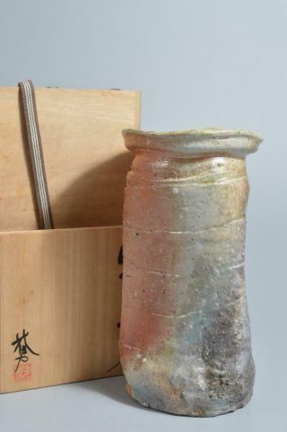 T4625: Japanese Shigaraki - Ware Youhen Pattern Flower Vase Ikebana W/signed Box
