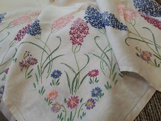 Vintage Hand Embroidered Linen Tablecloth Floral Spring Flowers 51 X 51 Inch