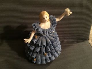 Irish Dresden Porcelain Lace Figurine Dancer With Blue Puffy Dress