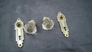 2 Antique 12 Pt Point Glass And Brass Door Knobs W/ Door Face Plates