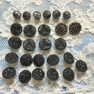 26 Antique Buttons C1900 Victorian Edwardian Black Glass Steel Flower Sewing