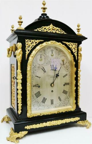 Antique English Ebonised & Bronze Triple Fusee Musical 4 & 8 Bell Bracket Clock 2