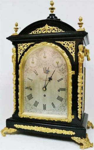 Antique English Ebonised & Bronze Triple Fusee Musical 4 & 8 Bell Bracket Clock 5