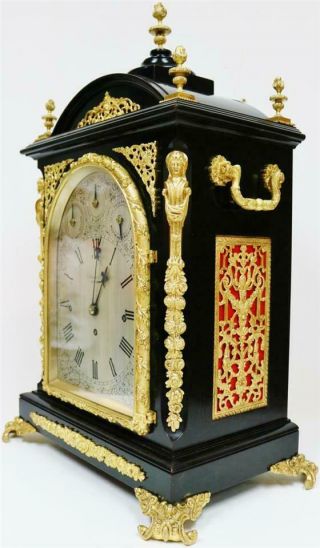 Antique English Ebonised & Bronze Triple Fusee Musical 4 & 8 Bell Bracket Clock 7