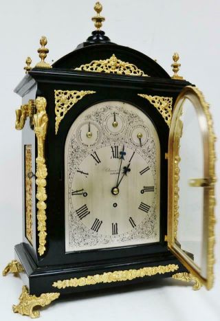 Antique English Ebonised & Bronze Triple Fusee Musical 4 & 8 Bell Bracket Clock 8