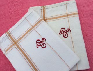 Pair Vintage French Linen Metis Torchon Tea Towels Mono R Gold Stripes