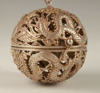 Tibetan Silver Pendant Incense Ball Hollow Dragon Phoenix Handicraft Gift M