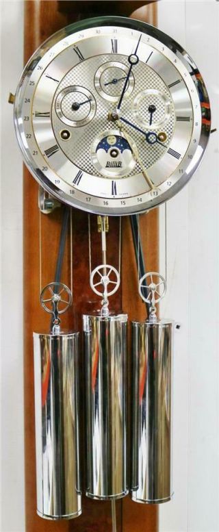 Vintage Huge 5ft Walnut & Glass Kieninger 3 Weight Regulator Musical Wall Clock 6