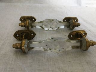 2 Ps Vintage Door Handles Puller Transparent White Crystal Cut Glass Brass 3