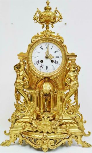 Large Antique French 8 Day Pierced Bronze Ormolu Ornate Mantel Clock