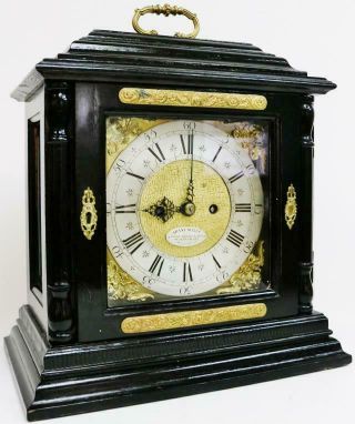 Antique 19thC English Ebonised Caddy Top Twin Fusee Bell Striking Bracket Clock 2