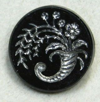 Antique Glass Button Incised Silver On Black Cornocoppia 11/16 A21
