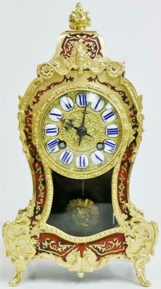 Antique French 8 Day Red Shell,  Ormolu & Brass Inlaid Boulle Rococo Mantle Clock