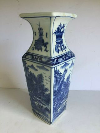 Vintage Antique Blue White Chinese Porcelain Square Vase Later Kangxi Mark 10 "