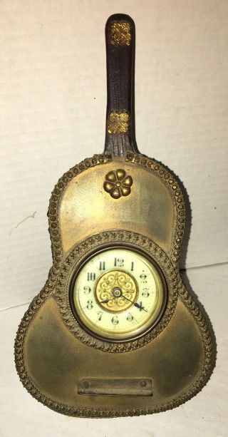 Rare Antique British United Clock Co 1885 - 1909 Guitar Violin Figural Bronze