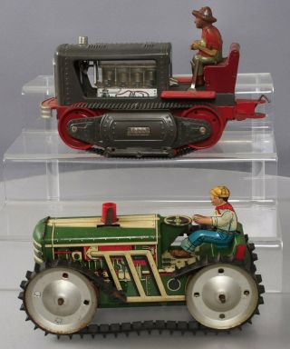 Marx Vintage Lithograph Tinplate Wind - Up Tractor & Japan Tin Friction Powered Tr