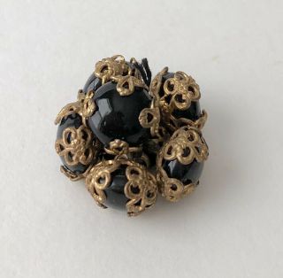 Vintage Antique Black Glass Stone Gold Tone Filigree Buttons Set Of 7
