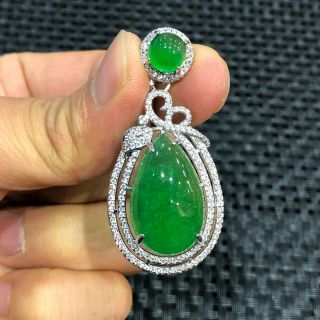 Chinese Handwork 925 Silver & Green Jadeite Jade Collectible Drop - Shaped Pendant