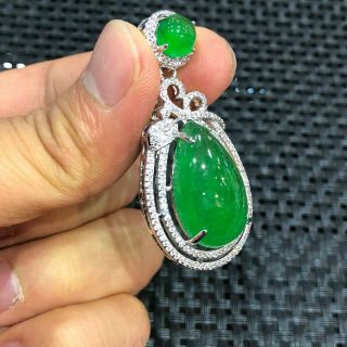 Chinese Handwork 925 Silver & Green Jadeite Jade Collectible Drop - Shaped Pendant 2